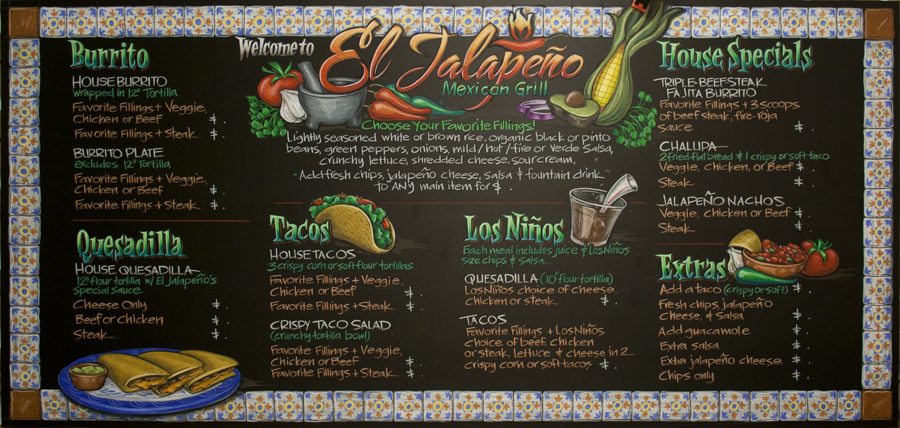 Chalk It Up Signs, El Jalapeño Grill Chalkboard Menu Board,El Jalapeno, Chalkboard Menu