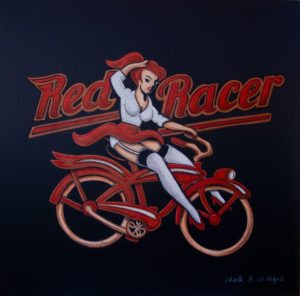 Red Racer Brewery Chalkboard Sign,Logo promotional chalkboards, chalk art, chalk mural, chalk artists, custom chalk art, pub, restaurant, cafe, tavern, chalk beer sign, brewery signage, Vancover, BC, british Columbia, Vancouver Island, Alberta, Ontario ,Canada, US, USA, North America, Girl on Bike, red bike, red head
