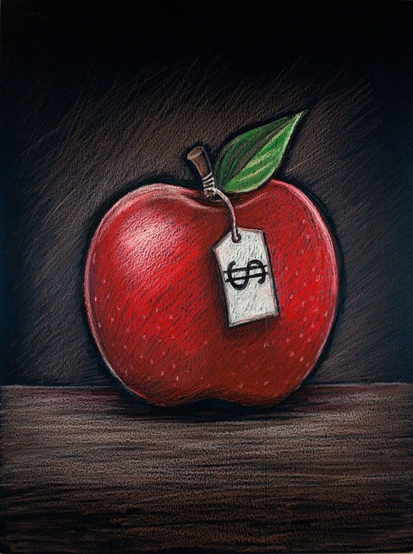 Spot Illustration for University of British Columbia Publication,Apple with Dollar Sign, Magazine Graphic