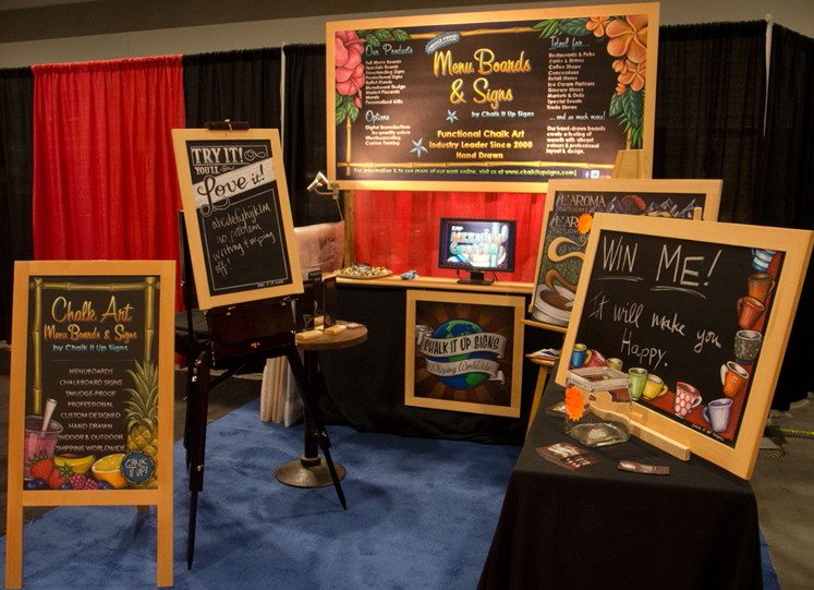 About Us, Chalkboard Signage, Menus and Chalk Art, Expo Display Chalkboard Signs