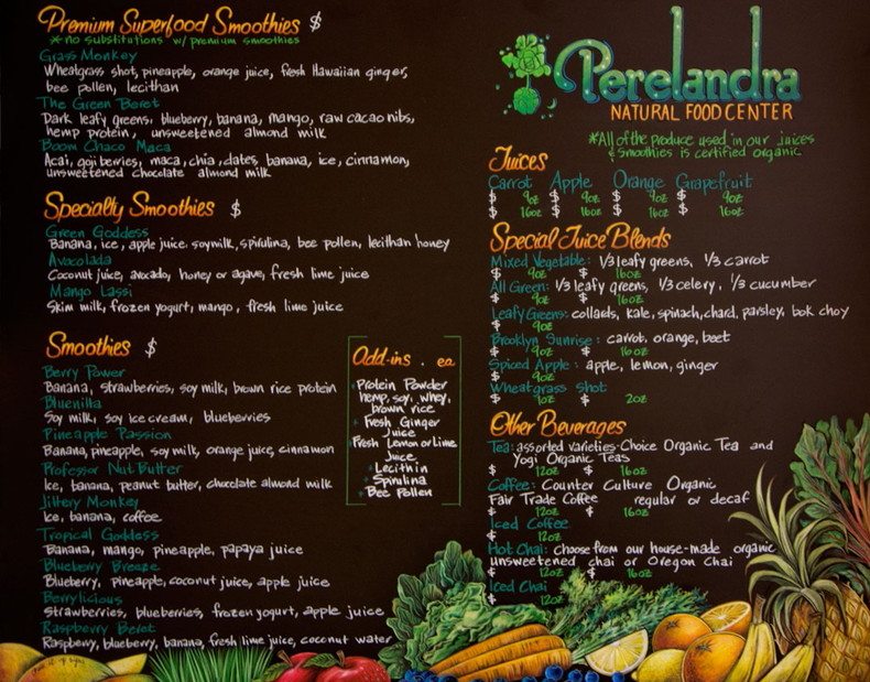 Perelandra Natural in Brooklyn Chalkboard Menu,  Custom, Restaurant Chalkboard, Chalkboard menu, Chalk It Up Signs, Chalk Art