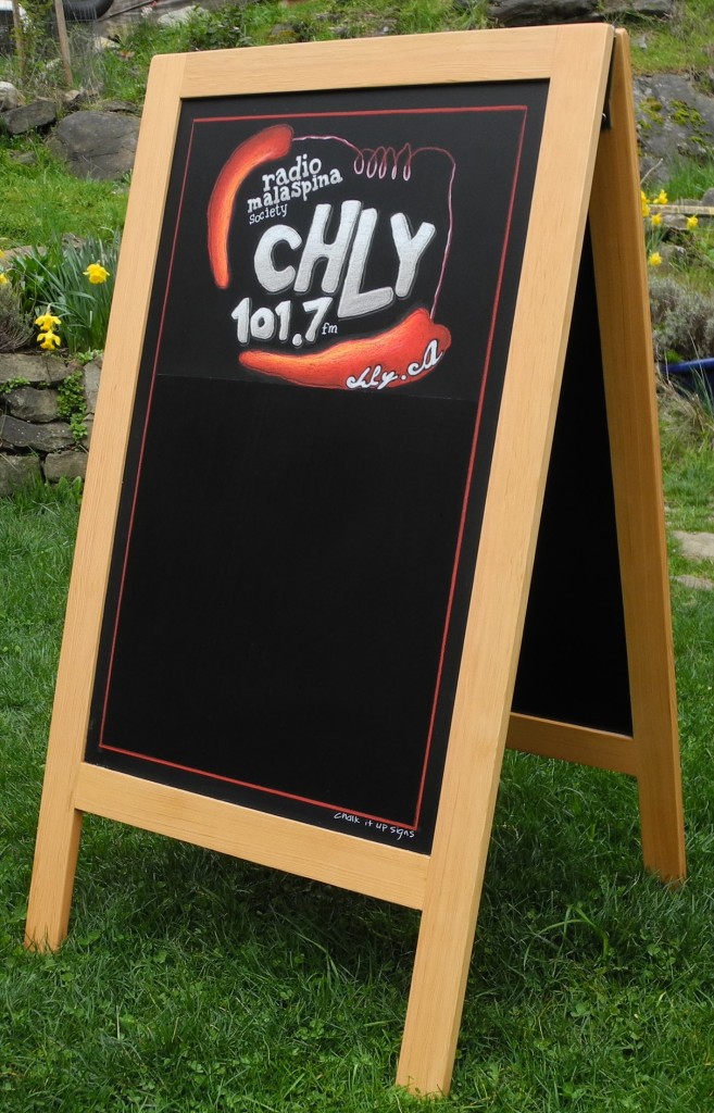 A-Frame Specials Chalkboard, CHLY, Radio 101.7fm, Nanaimo, chalkboard, a frame chalkboard, radio station a frame, radio station sign, Chalk It Up Signs