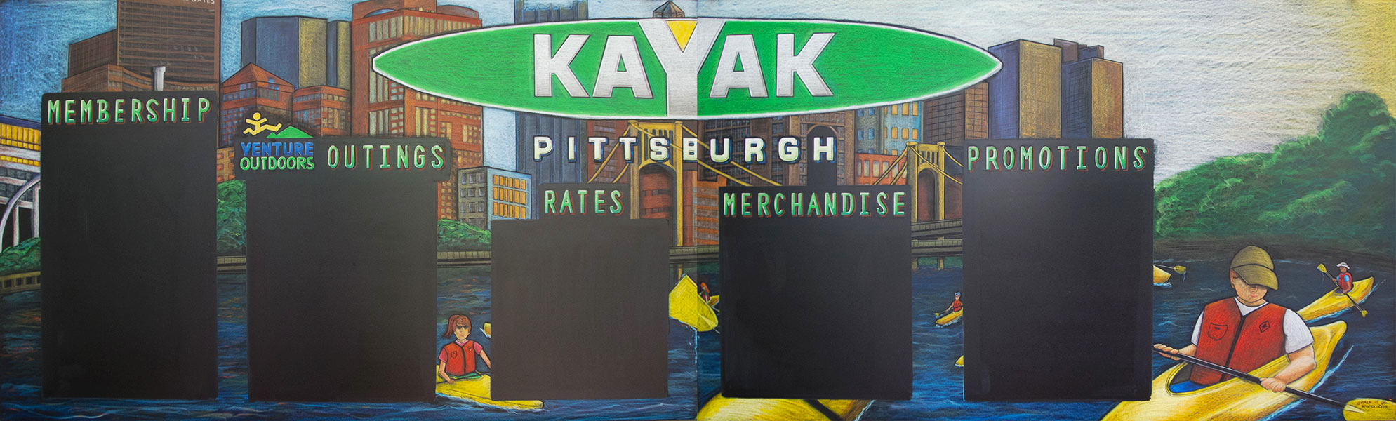 Pittsburgh Chalk Mural, Pittsburgh City Scape Chalkboard Mural,kayak Pittsburgh chalkboard mural