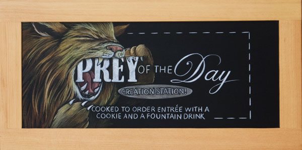 cafeteria lion chalkboard sign, chalk it up signs, Texas, College, prey of day