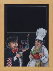 Victoria Sommelier Chalkboard Request, chalk it up signs, Sommelier, french, waiter with wine glasses, cheff with frog