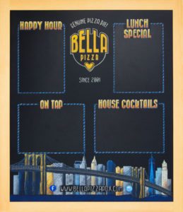 Chalkboard Menu Ideas, Portland Oregon, Pizza Menu Chalkboard Signs, brooklyn bridge, new york cityscape, bella pizza, chalk it up signs, specials chalkboard