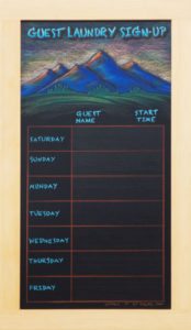 framed, Durango Colorado Laundry Calendar Chalkboard, chalk it up signs, framed chalkboard, custom chalkoard, cafe chalkboard, chalk art, chalk artist, chalk sign, chalkboard sign, chalkboard menu