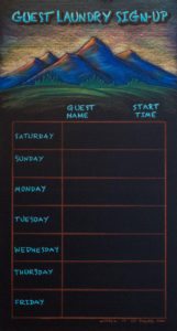Durango Colorado Laundry Calendar Chalkboard, chalk it up signs, framed chalkboard, custom chalkoard, cafe chalkboard, chalk art, chalk artist, chalk sign, chalkboard sign, chalkboard menu