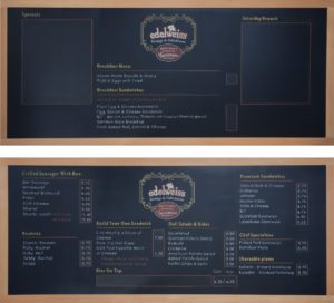 Custom Chalk Menu Board for Restaurant, chalk menu board, custom chalk menu board, custom chalkboard, Chalk It Up Signs, menu board, menu chalkboard, Edelweiss Deli, Portland, Oregon, Portland Oregon, deli, restaurant, pub, 