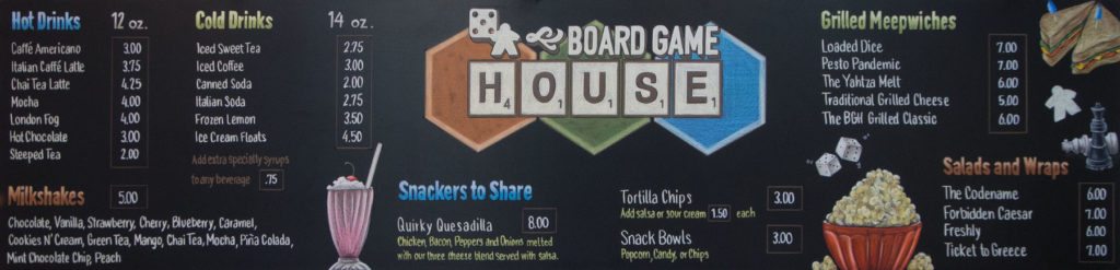 chalk menu sign, Toronto, Ontario, hand drawn text and illustrations, chalk menu, chalk sign, Chalk It Up Signs, Board Game House, Nanaimo, British Columbia, Canada, cafe, milkshakes, board games, local, games,