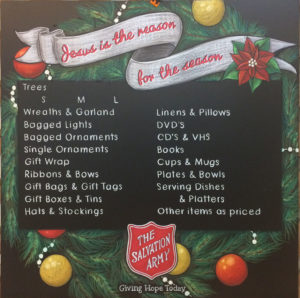 chalk art menu, Christmas Chalk art, Salvation Army Chalkboard, seasonal chalkboard