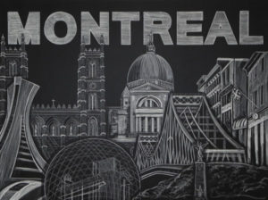 onsite chalk artist, chalk images, Canada Chalkboard, sealed chalk art, Montreal cityscape, chalkboard, mural, m and m meats