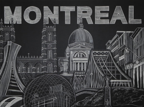 onsite chalk mural, Canada Chalkboard, sealed chalk art, Montreal cityscape, chalkboard, mural, m and m meats
