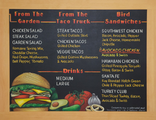 Restaurant Chalkboard Menu Sign, Hall Of Fame Burgers, chalkboard menu, hamburger, chalk it up signs, framed chalkboard, chalkboard menu sign, custom