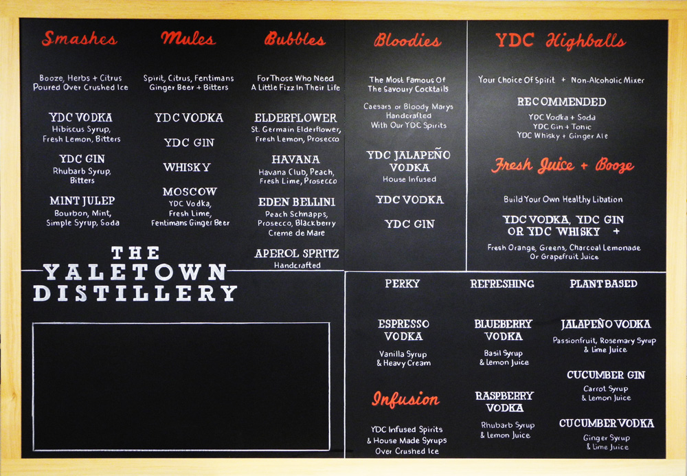 chalkboard menu boards, large custom menu chalkboard for Yaletown Distillery in Vancouver