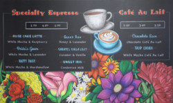 Chalkboard Menu With Flowers, chalk menu signs, cafe chalkboards, flower shop chalkboard, chalkboard design, good chalkboard design, restaurant chalkboards, Arizona Chalkboards, Tempe Arizona Chlakboard